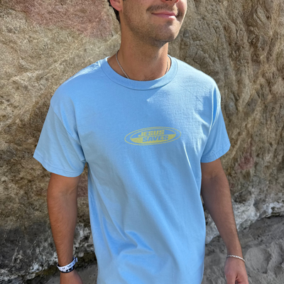 NEW! | "JESUS SAVES" RETRO TEE | LIGHT BLUE