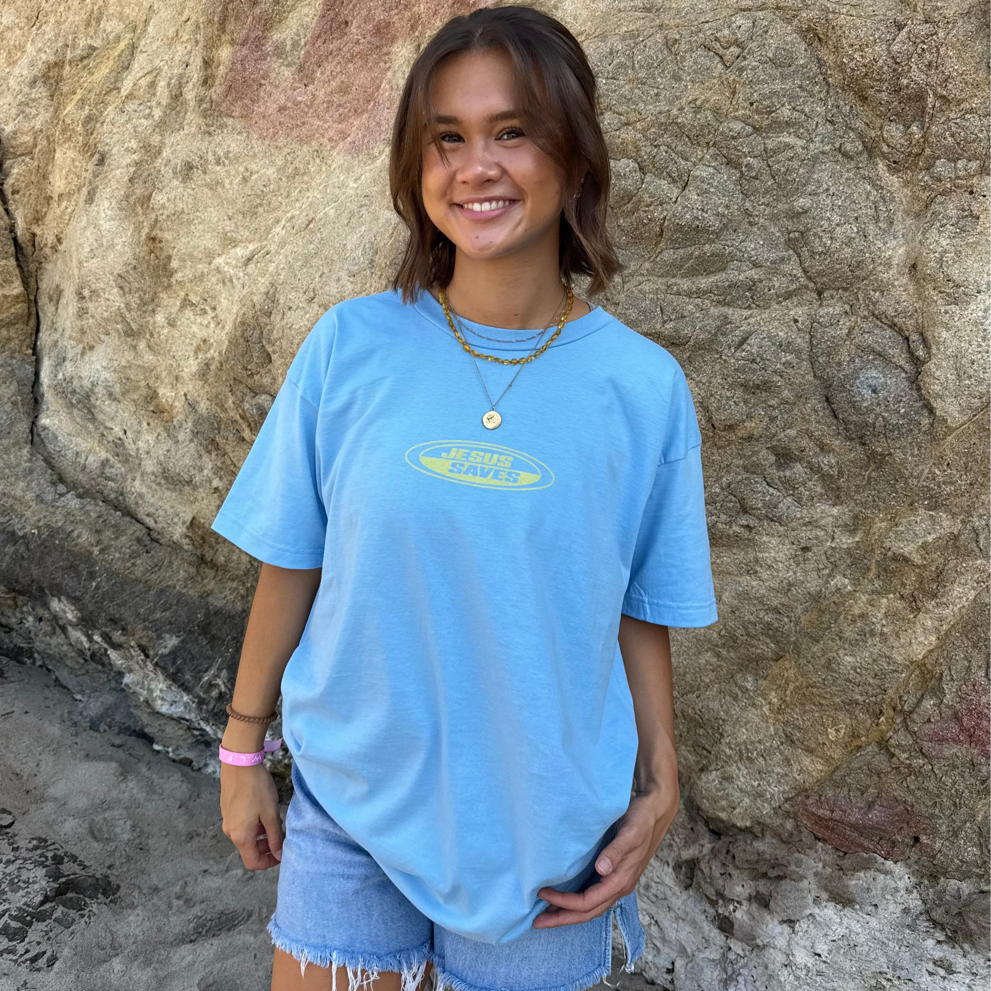 NEW! | "JESUS SAVES" RETRO TEE | LIGHT BLUE