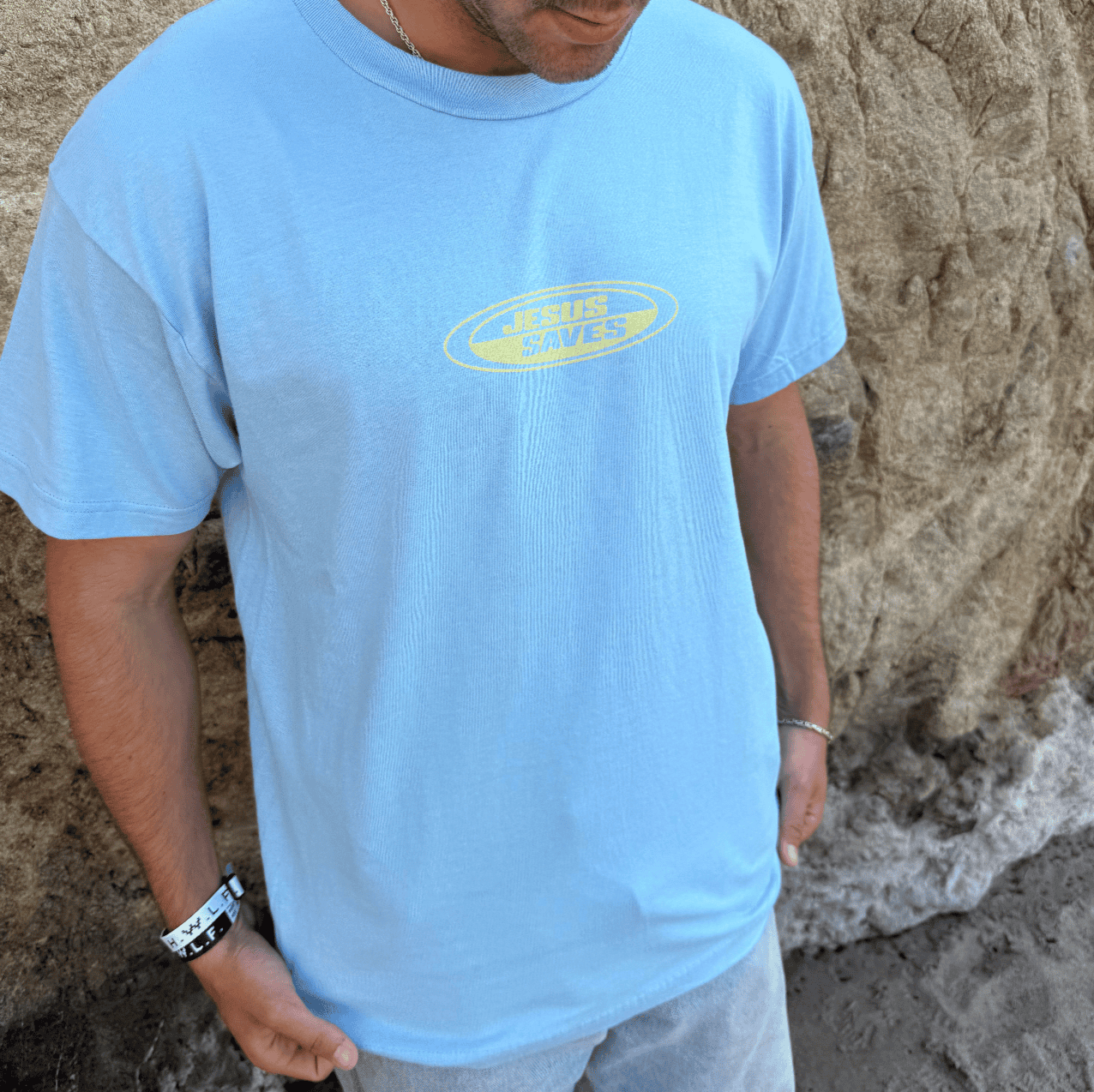 NEW! | "JESUS SAVES" RETRO TEE | LIGHT BLUE